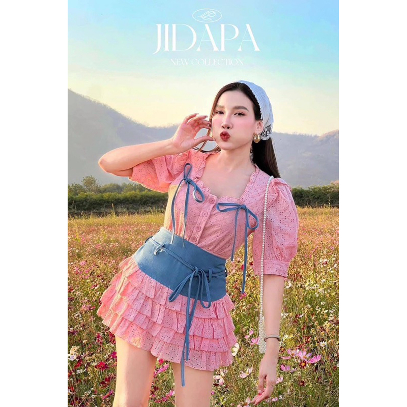 Jidapa style เซ็ทเสื้อกระโปรงสั้น สีชมพู น่ารัก Size S มือ 1 (ไม่มีเชือกผูกเอว)❌