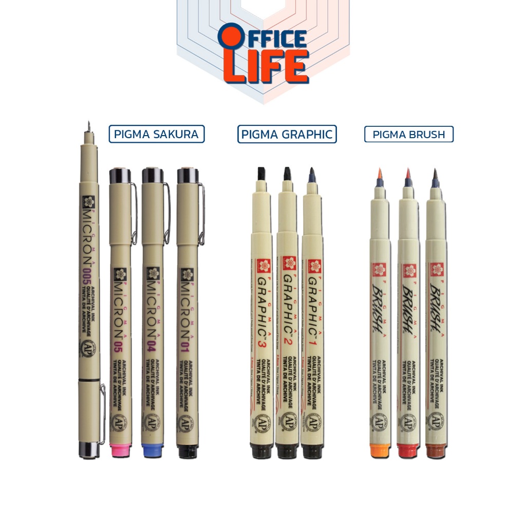 SAKURA (ซากุระ) ปากกา ปากกาตัดเส้น หมึกสี รุ่น Pigma หัวเข็ม หัวตัด หัวพู่กัน ( 1 ด้าม )