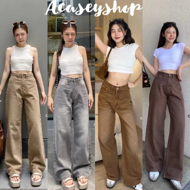Acasey กางเกงยีนส์ผู้หญิง ขายาว Daisy Jeans กระบอกใหญ่ เฟดฟอก ไซส์ S - XL กางเกงสีน้ำตาล