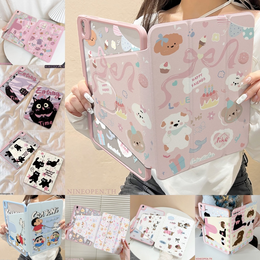 ⚡พร้อมส่ง⚡เคสiPadหมุน 360° Air8 Air7 Gen12 Gen11 ที่ใส่ปากกา หมีโบว์ริบบิ้น Black Cat เคสไอแพด MINI7