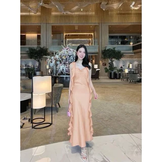 ชุดราตรีออกงาน เดรสยาว แต่งระบายเกลียวยาว งานมีซับใน ผ้าซาตินเงาเนื้ออย่างดี