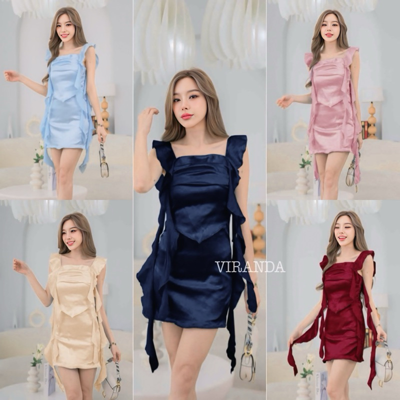 ชุดราตรีเดรสสั้น S/M/L ใส่ออกงาน ผ้าซาตินแต่งระบายยาวฟรุ้งฟริ้ง