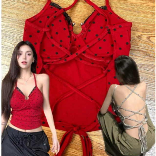 Bentoy(bratop835new)เสื้อสายเดี่ยวมีฟองน้ำ เว้าหลัง เซ็กซี่ ดีเทลผูกสาย หน้าวี ลายจุด สวยมากๆ