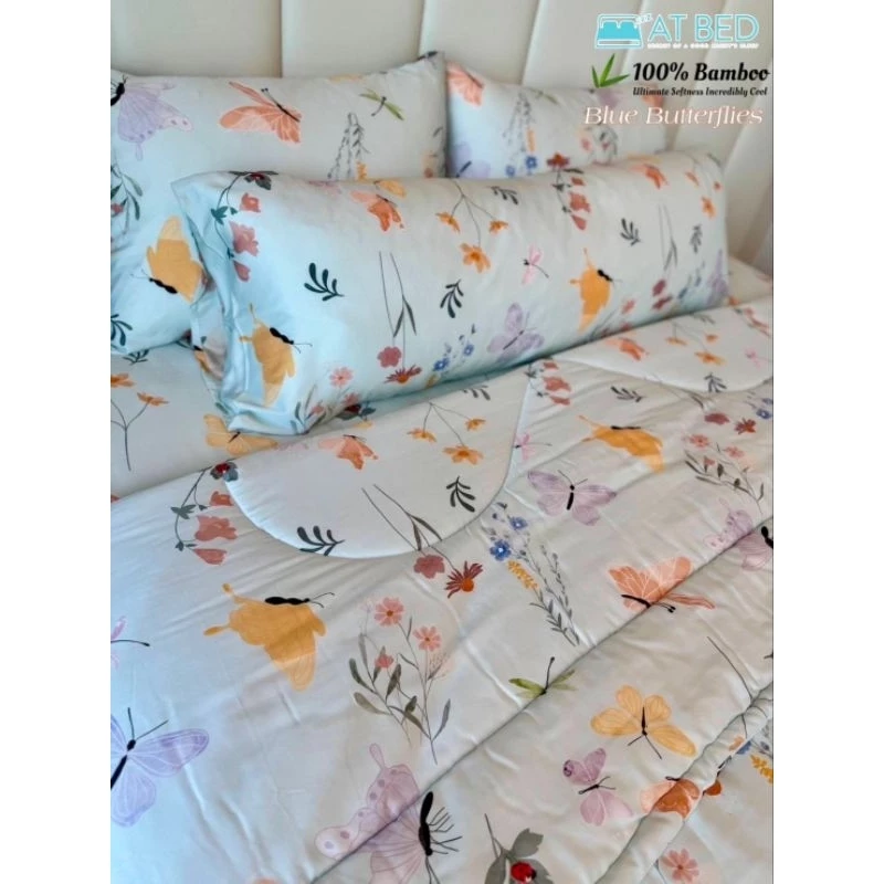 ชุดผ้าปู-ผ้านวม ผ้าเยื่อไผ่ Bamboo 100% ทอ 1000 เส้นด้าย ลายผีเสื้อฟ้า