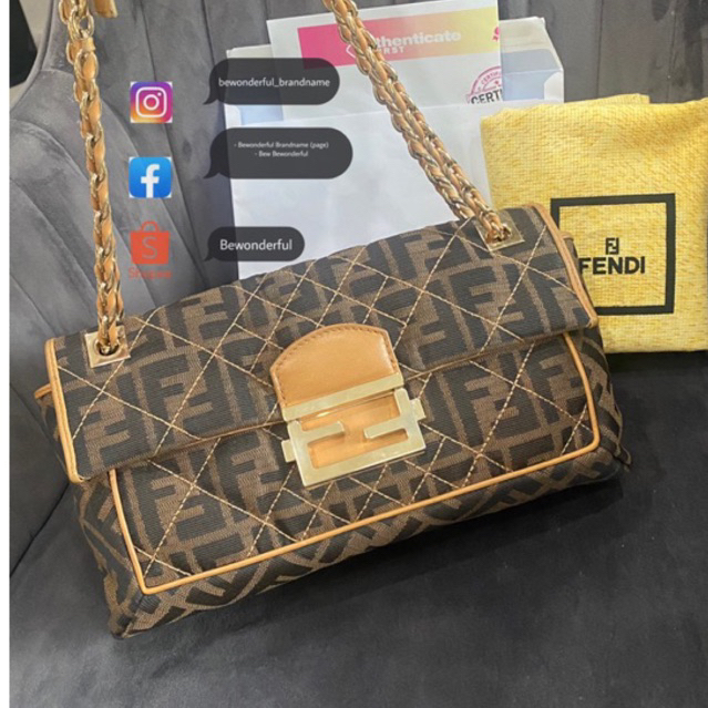 Fendi Brown Zucca Canvas and Leather Chain Bag ของแท้ เฟนดิ กระเป๋ามือสอง แบรนด์เนม