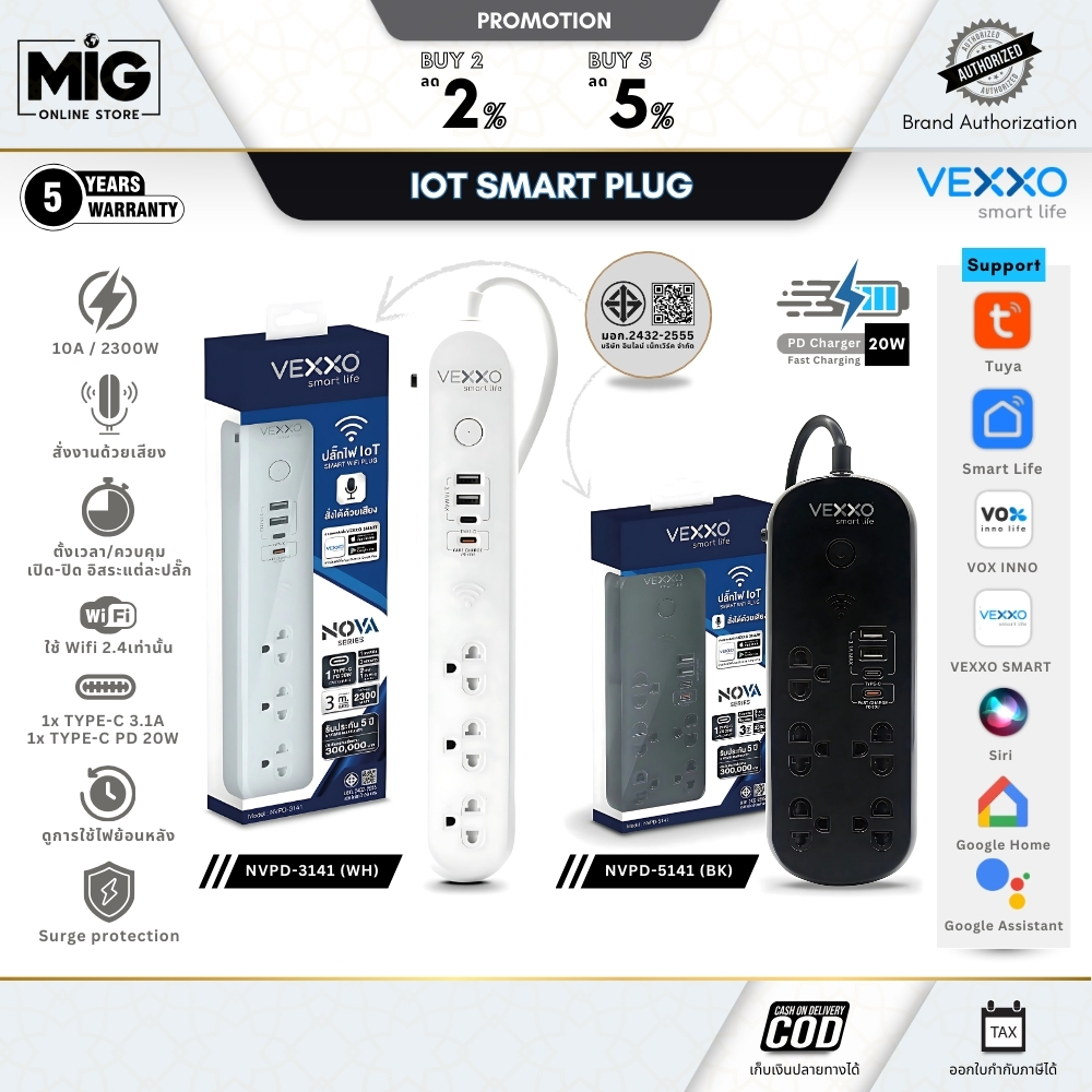 VEXXO ปลั๊ก Wifi Tuya ปลั๊กไฟอัจฉริยะ IOT กันไฟกระชาก วัดไฟได้ มี Type-C PD 20W. ประกัน Lifetime
