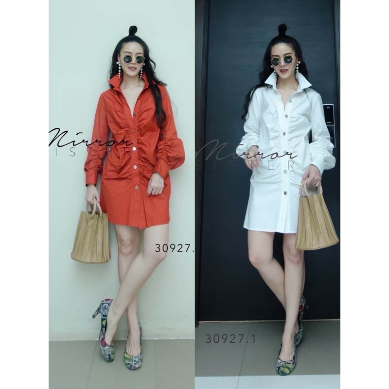 mirrorsister 30927.1 เดรสเชิ้ตตัวสั้นทรงเก๋ แต่มีดีไซน์...ด้วยการจับย่นๆช่วงตัวด้านหน้า