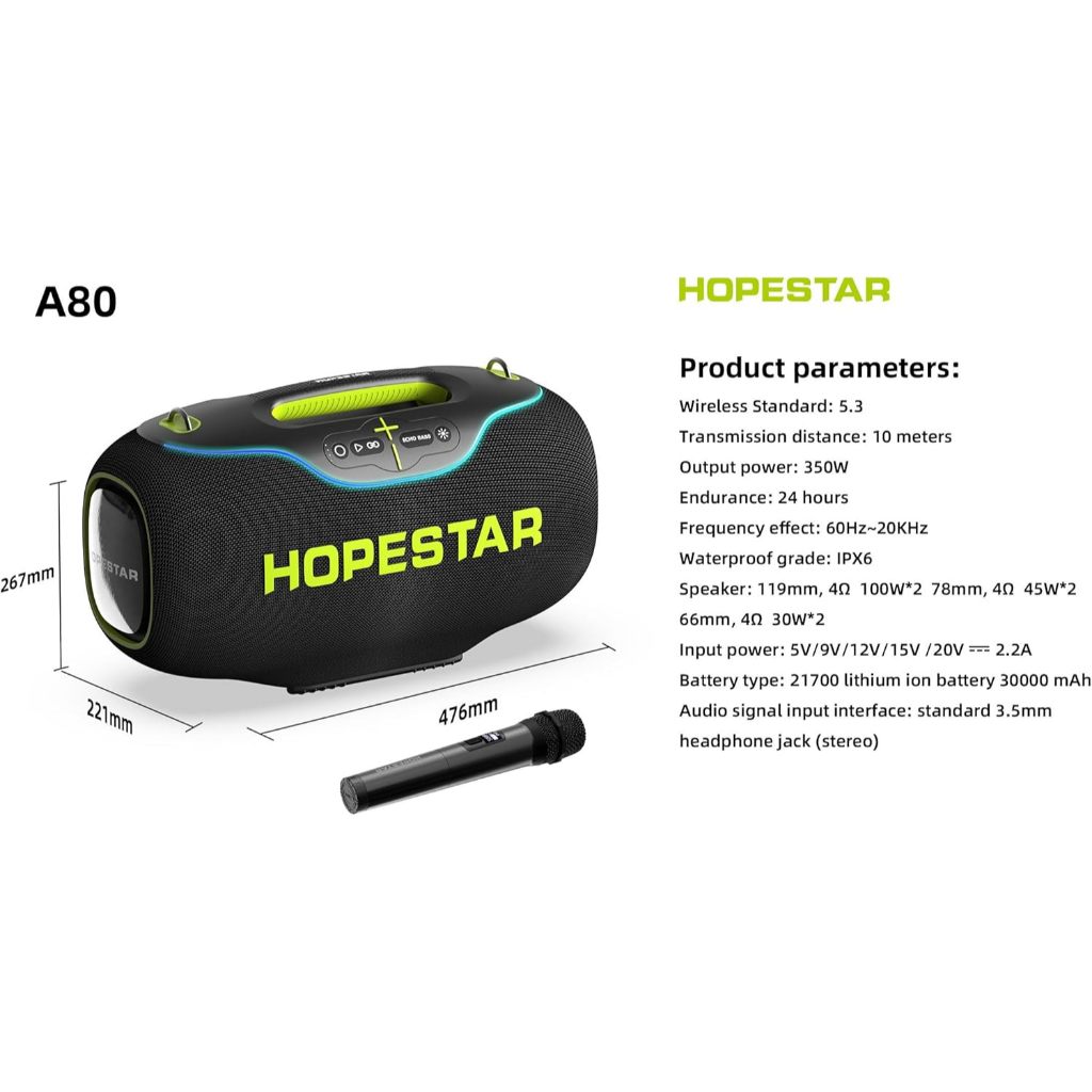 Hopestar A80 ลำโพงบลูทูธ 350วัตต์ พร้อมไมค์ลอย1อัน ลำโพง6ดอก มีไฟRGB ปรับเบส3โหมด  IPX6 ของแท้100%