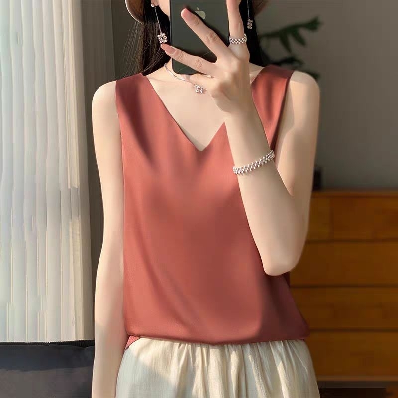 เสื้อกล้ามคอวี ผ้าซาติน ผ้าเรยอน แบบสวมหัว แต่งสายเดี่ยว สำหรับผู้หญิงสิ(นค้าพร้อมส่ง)