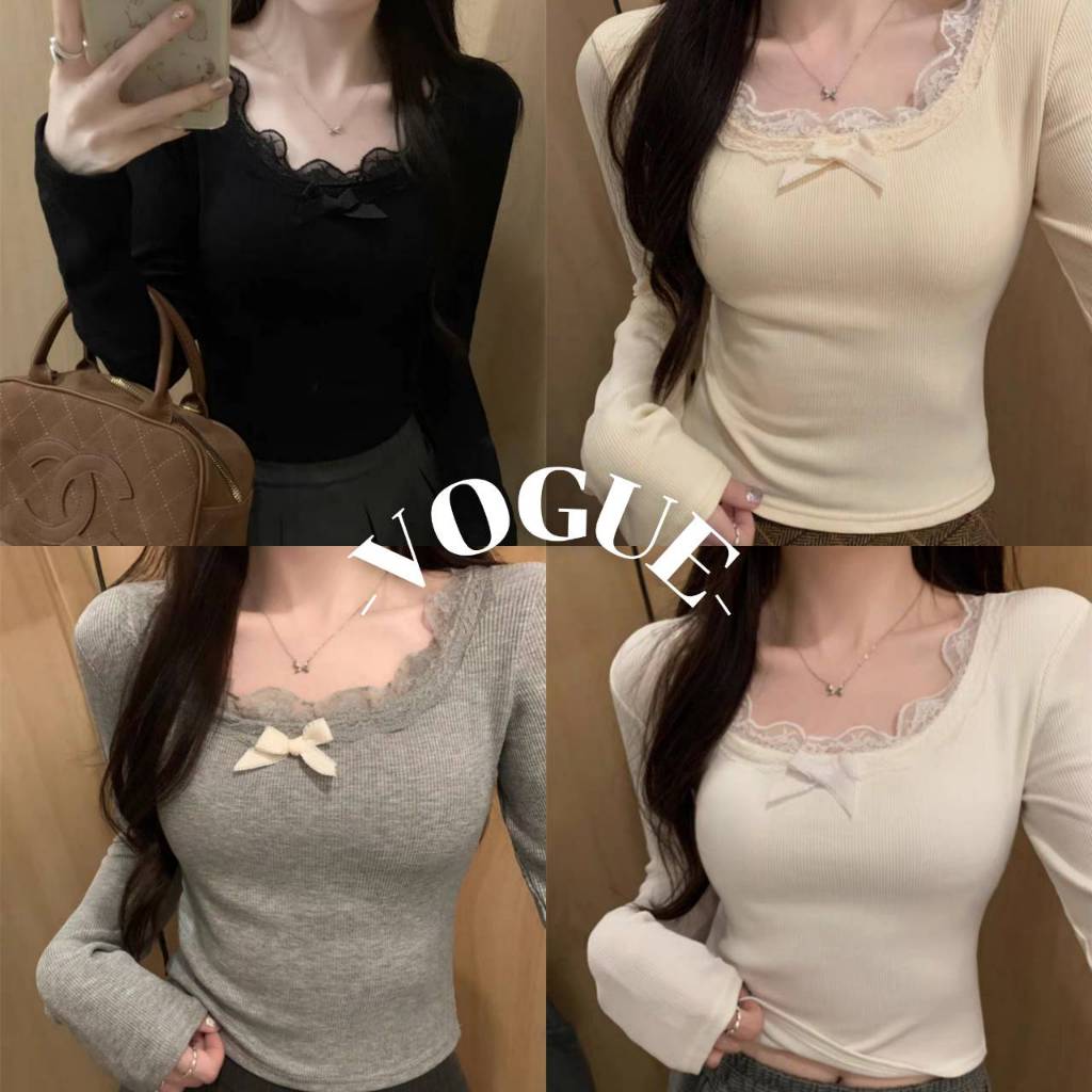 Vogue 🌟 အမြန်ပို့ 🌟 အင်္ကျီလက်ရှည် လည်ပင်းဝိုင်း အရောင်လွှာ (Plain) ထည်အကြမ်းလေး + ဖောင်းန့်ပါတဲ့ (FY714) Free size