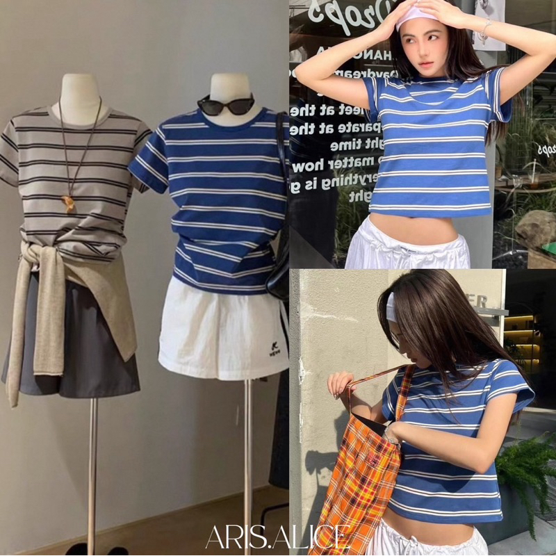 เสื้อแขนสั้นลายทางป้าย wg.we🇰🇷 สวยเรียบๆ ผ้านุ่มใส่สบาย แมทช์ได้ทุกลุค