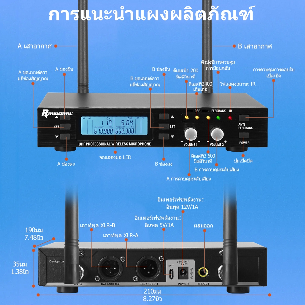 UHF ไมโครโฟนไร้สาย การรับรหัส IR ไร้สายอัตโนมัติ สำหรับ KTV โอกาส การประชุม การแสดง 50M/164FT