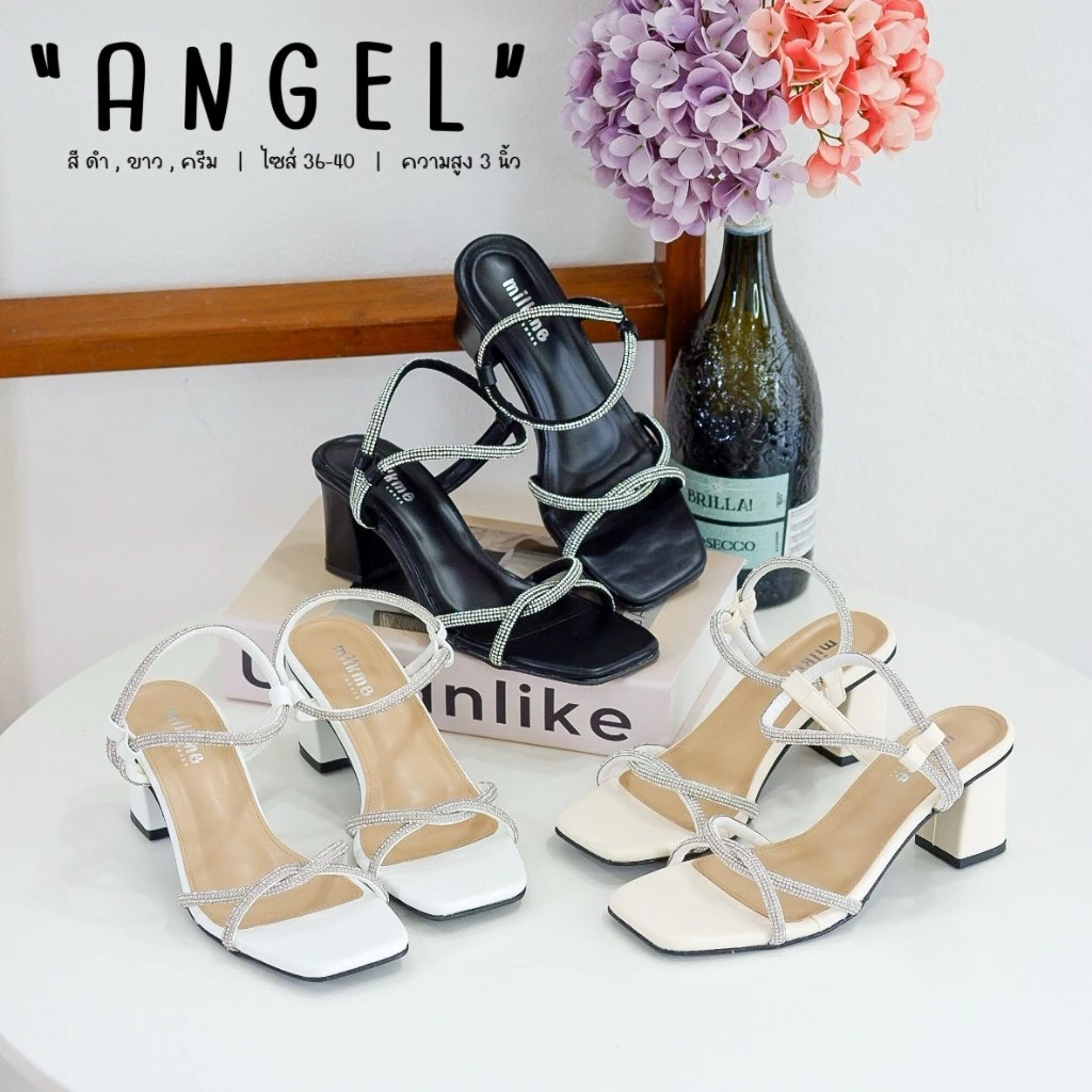 MILKMEshoes รองเท้าส้นสูงผู้หญิง รุ่นANGEL รัดส้นสายเพชร ส้นตันสูง 3 นิ้ว สายคาดเพชรสุดหรู ใส่แล้วดูแพง พร้อมส่ง (ST664)