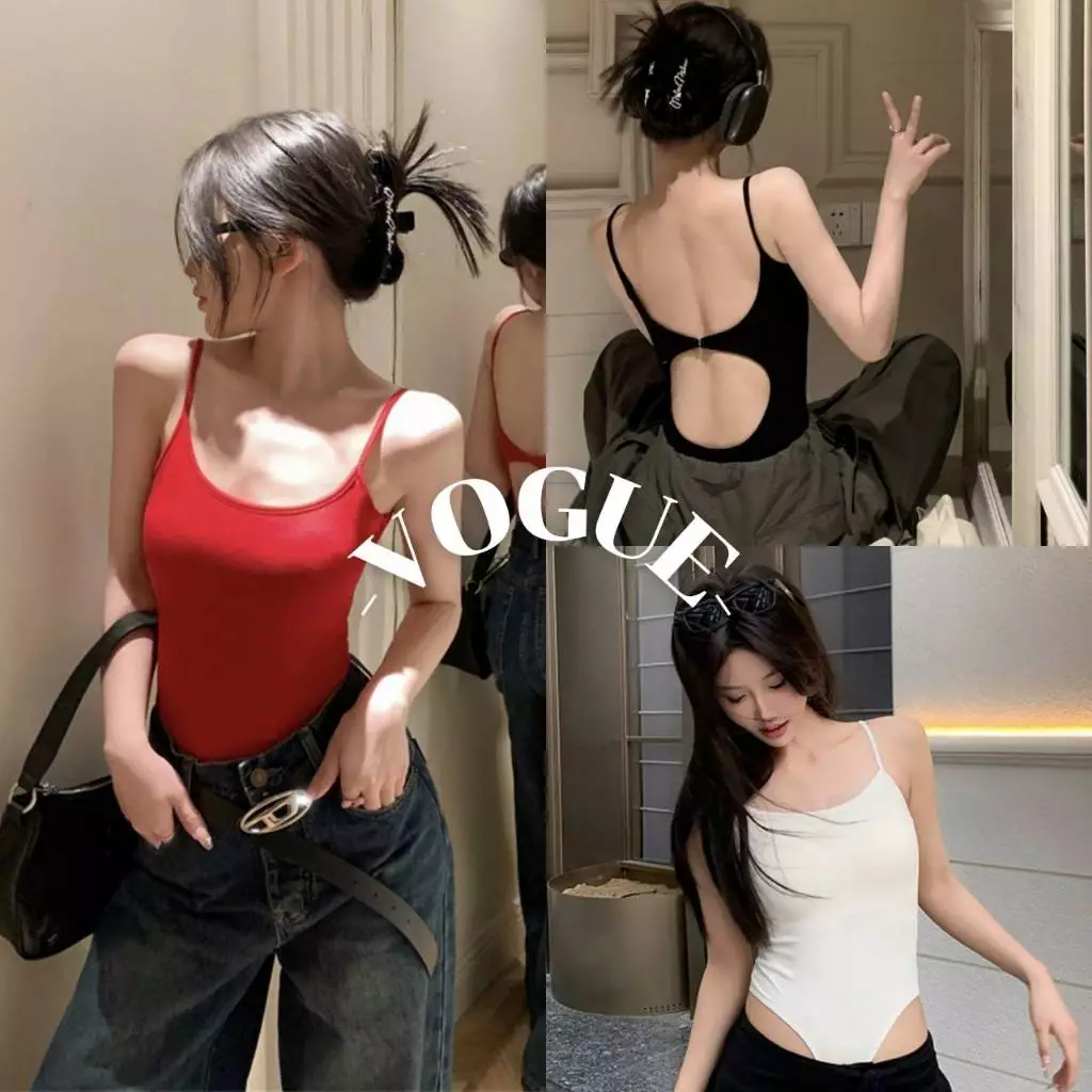 Vogue🌟พร้อมส่ง🌟 ชุดบอดี้สูท มีฟองน้ำ ทรงรัดรูป ผ้าร่อง สายเดี่ยว เว้าหลังแซ่บๆ (FY2634-1)