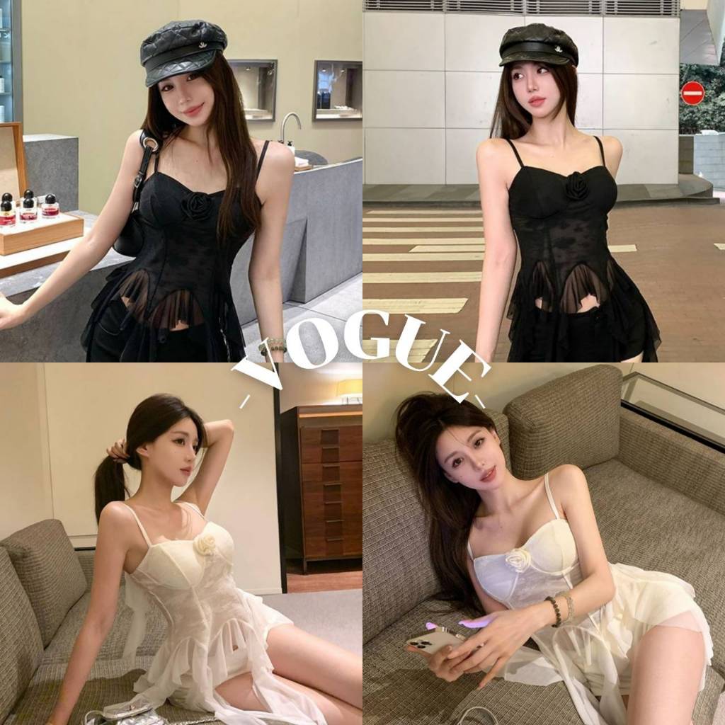 Vogue🌟พร้อมส่ง🌟 เสื้อสายเดี่ยว มีฟองน้ำ ปลายปล่อย สีพื้น (FY1921)