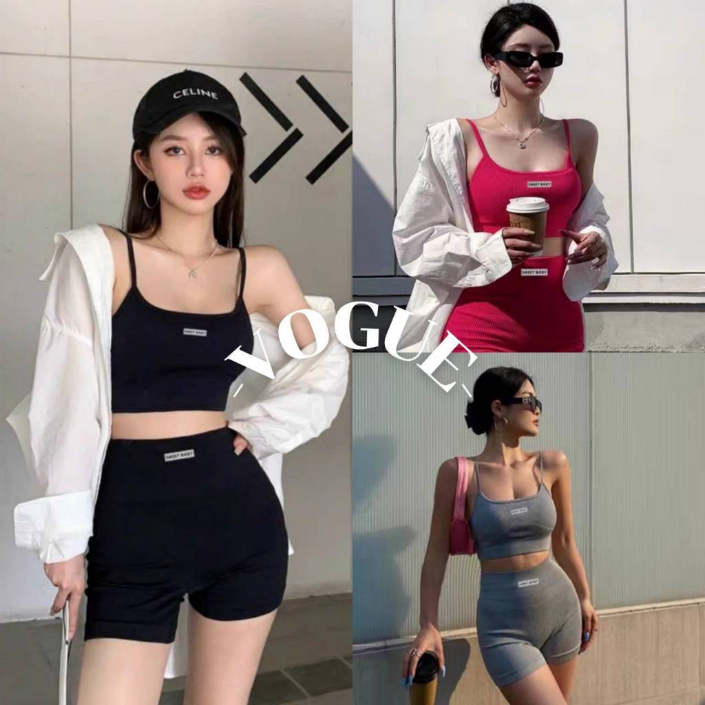 Vogue🌟พร้อมส่ง🌟 ชุดออกกำลังกาย ทรงรัดรูป เสื้อมีฟองน้ำ+กางเกงขาสั้น (FY1778-J)