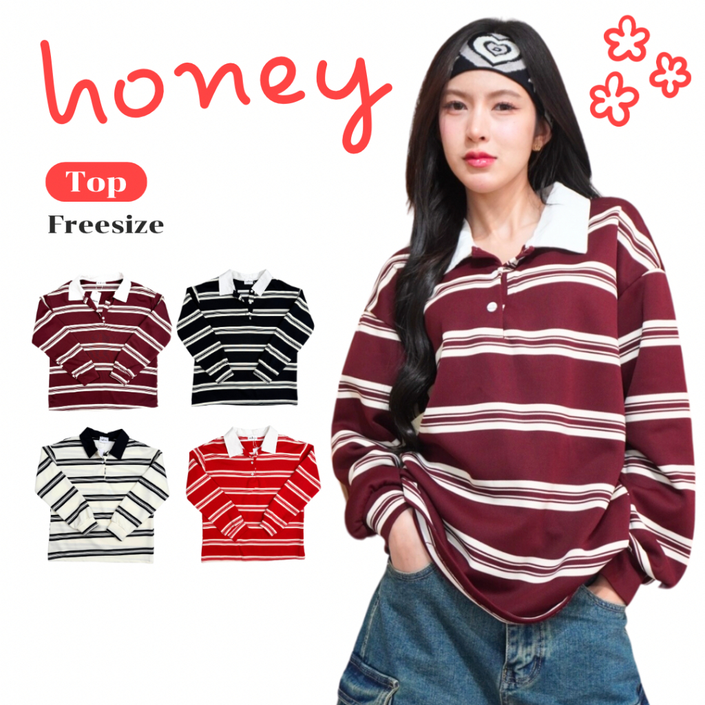 JARINYA เสื้อเชิ้ตคอปกแขนยาวลายทาง แต่งกระดุม (T801)