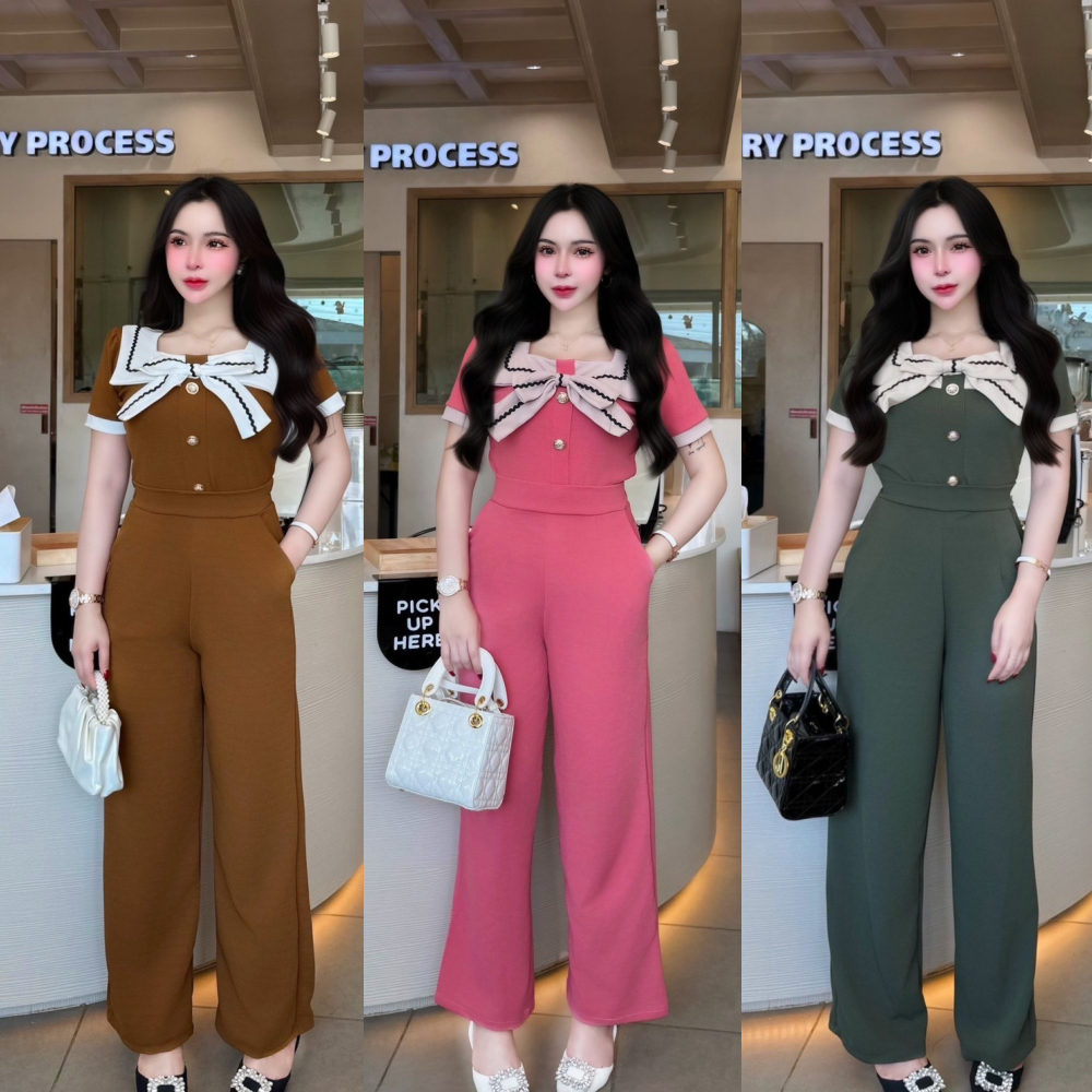 พร้อมส่ง ชุดเซตยาวทรูโทน ผ้าวูลเวฟ เสื้อคอปกแต่งกุ้นโบว์หน้าแต่งกระดุมเมอแรง+กางเกงเอวเรียบสม็อคหลังมีกระเป๋า A5794