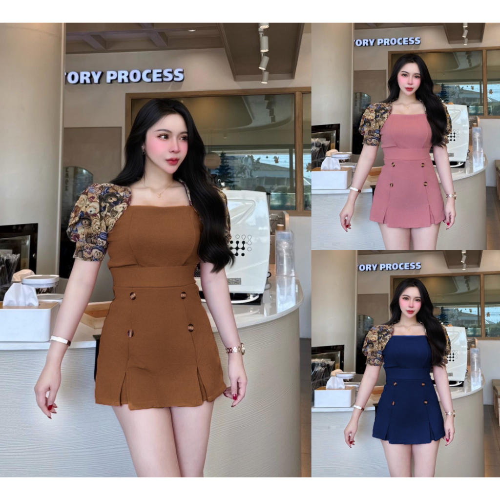 สินค้าพร้อมส่ง ชุดเซตผ้าวูลเวฟ เสื้อแขนแต่งผ้าทอลายหมี+กางเกงกระโปรง  A2994