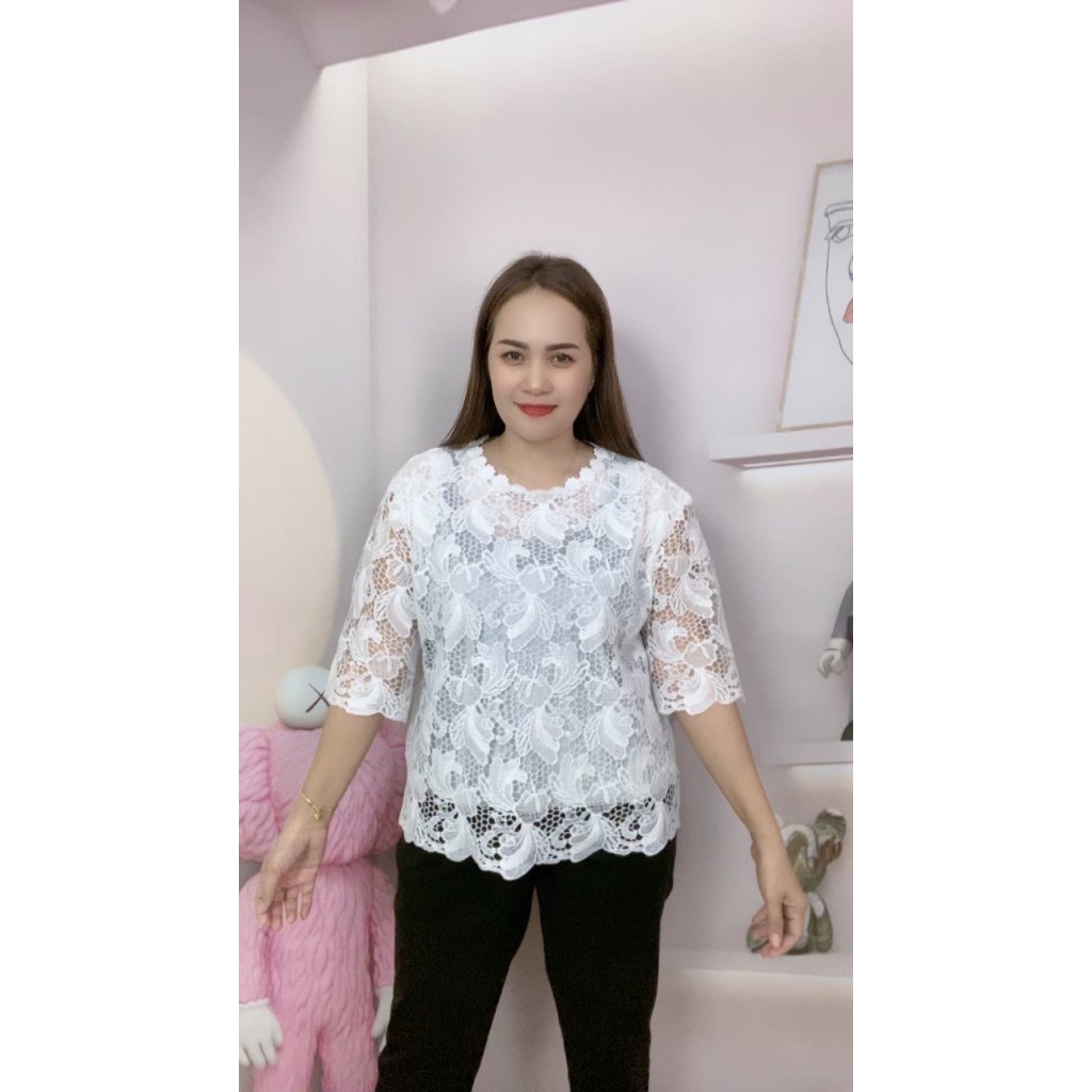 เสื้อลูกไม้ เสื้อลูกไม้ผู้หญิง เสื้อลูกไม้สาวอวบ  แขนสามส่วน คอกลม  รอบอก46-52นิ้ว รุ่น4605-5205