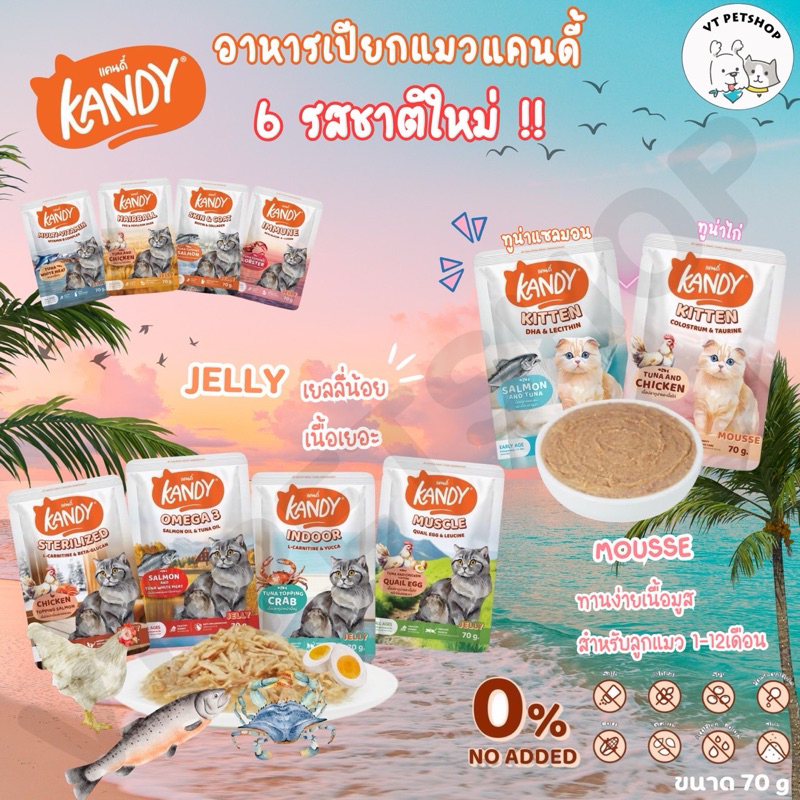 ( 1 ซอง ) Kandy อาหารเปียกแมว สำหรับลูกแมว และแมวโต ตั้งแต่ 2 เดือนขึ้นไป ไม่ใส่เกลือ ขนาด 70 กรัม K