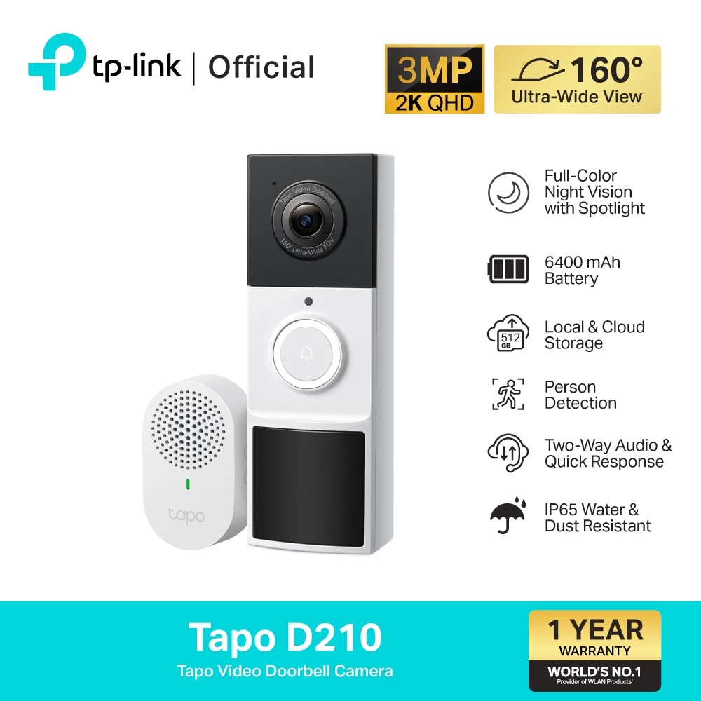 TP-Link (Tapo D210) Tapo Video Doorbell Camera กริ่งประตูอัจฉริยะ กล้อง 2K 3MP ภาพสีคมชัด IP65 สื่อสารได้ 2 ทาง