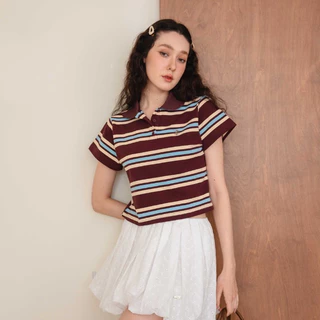 CHUUCHOP - (S-2XL) Preppy Stripe Polo เสื้อโปโลลายทางแขนสั้น(C8379)