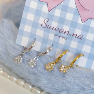 Suwann.na [ราคาต่อคู่] ต่างหูห่วง ต่างหูเงินแท้ ห่วงตุ้มเพชร สีเงิน, ทอง