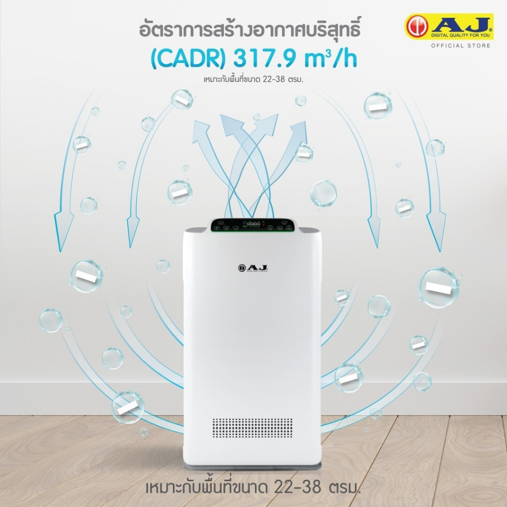 AJ เครื่องฟอกอากาศ HEPA 14 รุ่น AP333 กรอง PM2.5 CADR 317m³/h พื้นที่สูงสุด 38ตร.ม. ควบคุมผ่าน App
