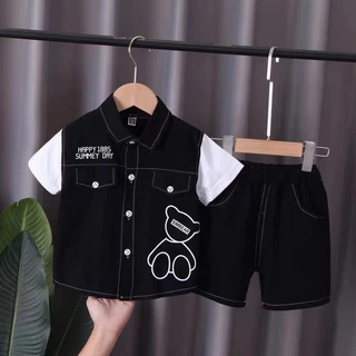 ชุดเซ็ทเด็ก แขนสั้นขาสั้น เสื้อเชิ้ตลายหมี