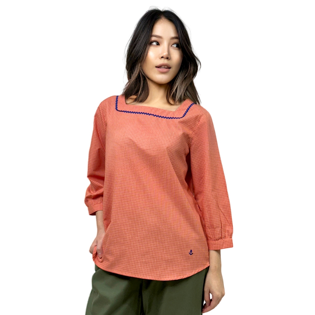 * Best price * PORTLAND เสื้อเชิ้ตเบลาซ์ คอเหลี่ยม ลายสก็อต สีส้ม / 3/4 Sleeves Square Neck Blouse (Orange)