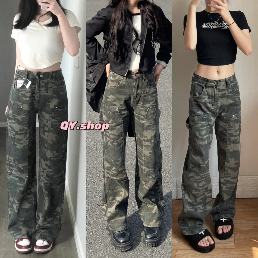 QY.Shop⭐️สินค้าราคาพิเศษ⭐️ กางเกงเอวสูง ทรงกระบอก น่ารักมากๆ ขายาว ลายพรางทหารสีเขียว "11037-NZ"