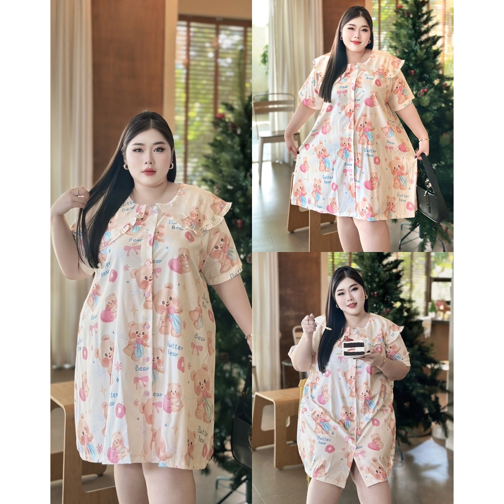 มินิเดรส พิมพ์ลายน้องหมีเนย คอบัว ทรงเอ แขนสั้น ทรงน่ารัก ใส่ได้ตลอด พลัสไซส์ เสื้อผ้าสาวอวบอ้วน