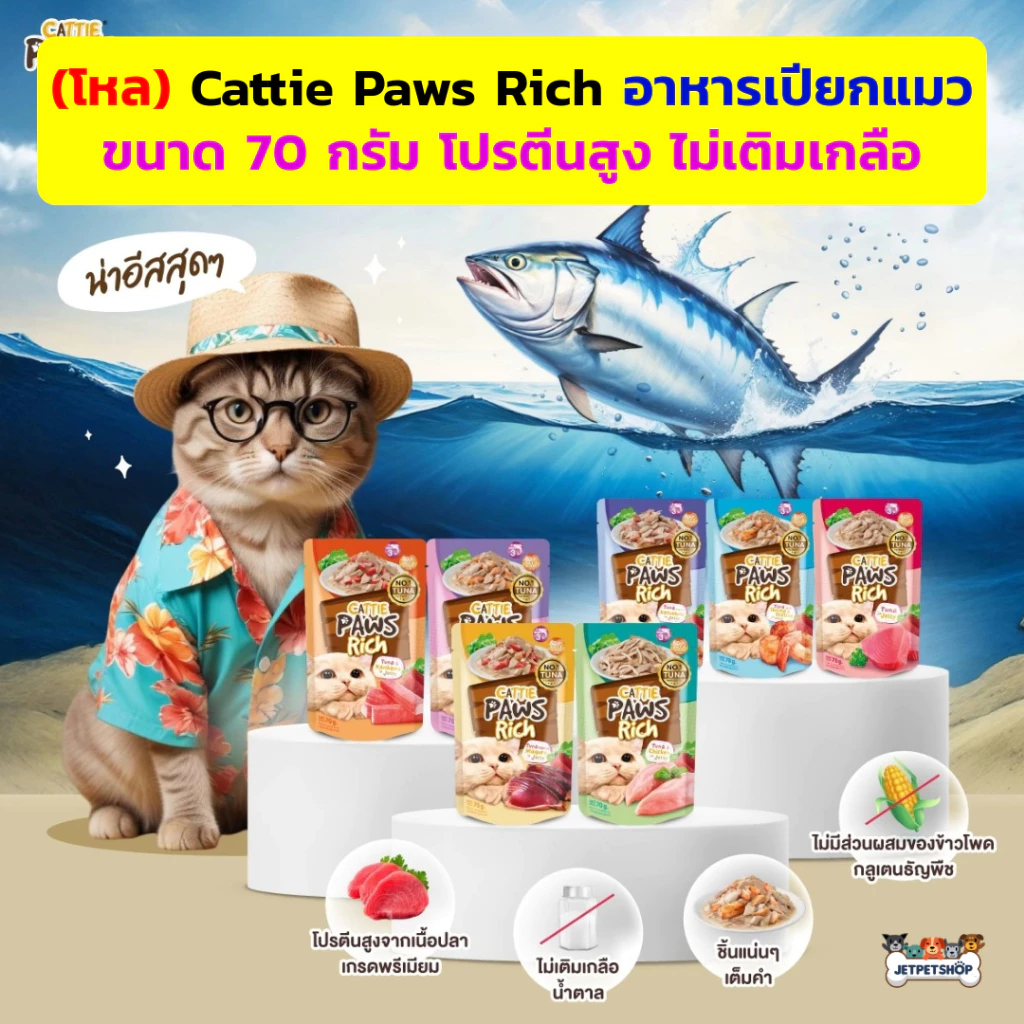 (โหล) Cattie Paws Rich อาหารเปียกแมว โปรตีนจากปลา ไม่เติมเกลือ (12x70g)