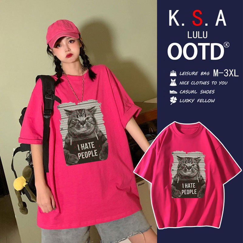 เสื้อยืดฟอกวินเท oversize ผ้าคอตตอน100% พิมพ์ลายแมว สไตล์เกาหลี เสื้อผ้าสาวอวบไซส์ใหญ่ เสื้อโอเวอร์ไซส์ผู้หญิงแฟชั่นใหม่