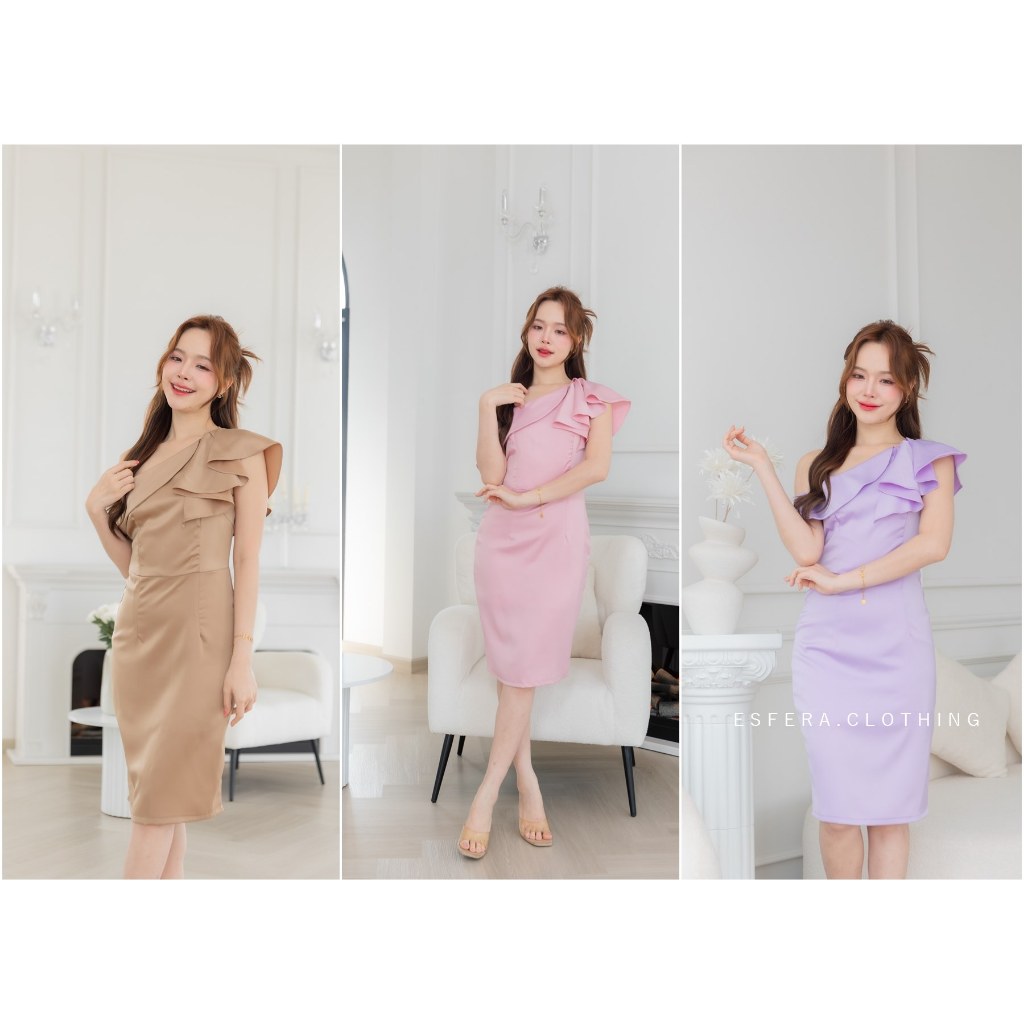 ESFERA-DR25-04  luxurious Satin Dress-เดรสออกงานผ้าซาตินไหล่เบี่ยง
