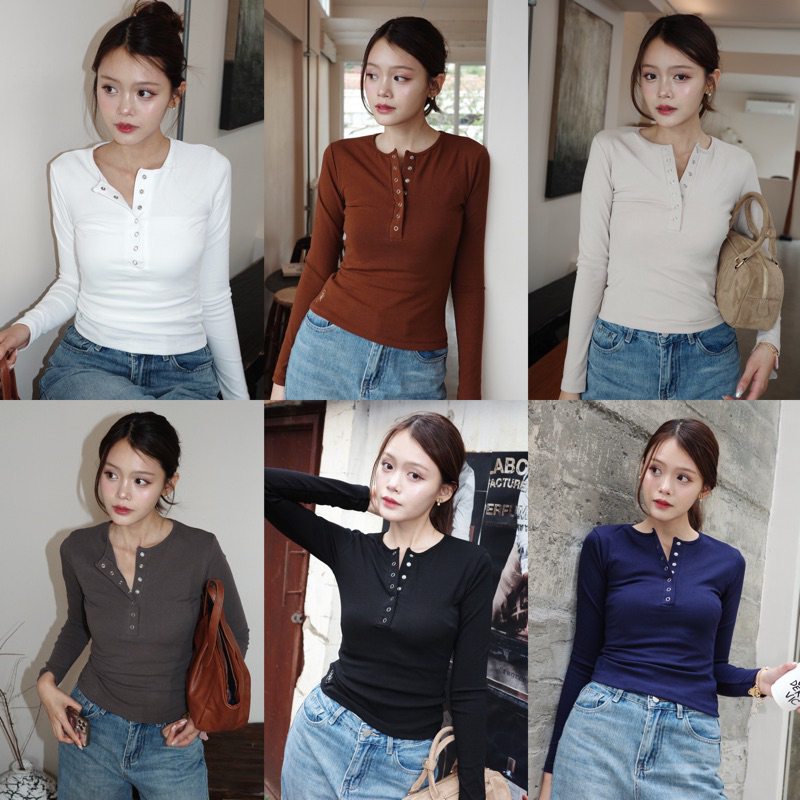 เสื้อแขนยาวผู้หญิง คอกลม กระดุมลึก ผ้ารัดรูป หนานุ่ม ใส่สบาย ใส่ทำงาน เที่ยว | COCO TOP by BEMYCHIC