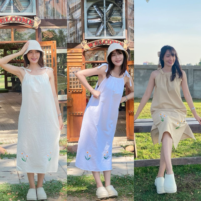 BY PHAKA : COTTON FLOWERS DRESS เดรสสายเดี่ยวผูกไหล่ ลายปักดอกปุยฝ้ายน่ารักๆ