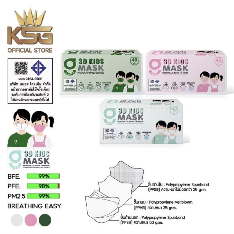 3D G-Lucky Mask Kids หน้ากากอนามัยสำหรับเด็ก สีขาว สีชมพู สีเขียว  แบรนด์ KSG.  บรรจุ 40 ชิ้น