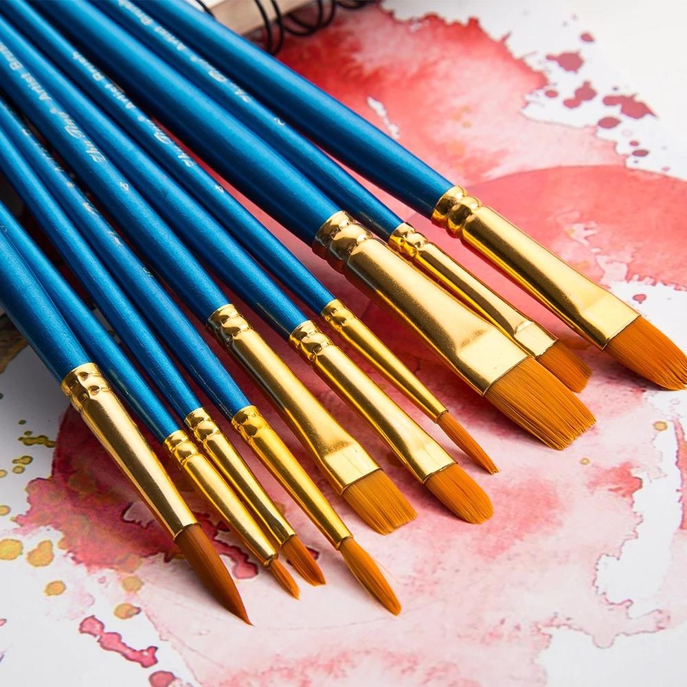 ชุด10ด้าม พู่กันสีน้ำ สีอะคริลิค สีน้ำมัน ระบายสี แบน Artist Nylon Brush