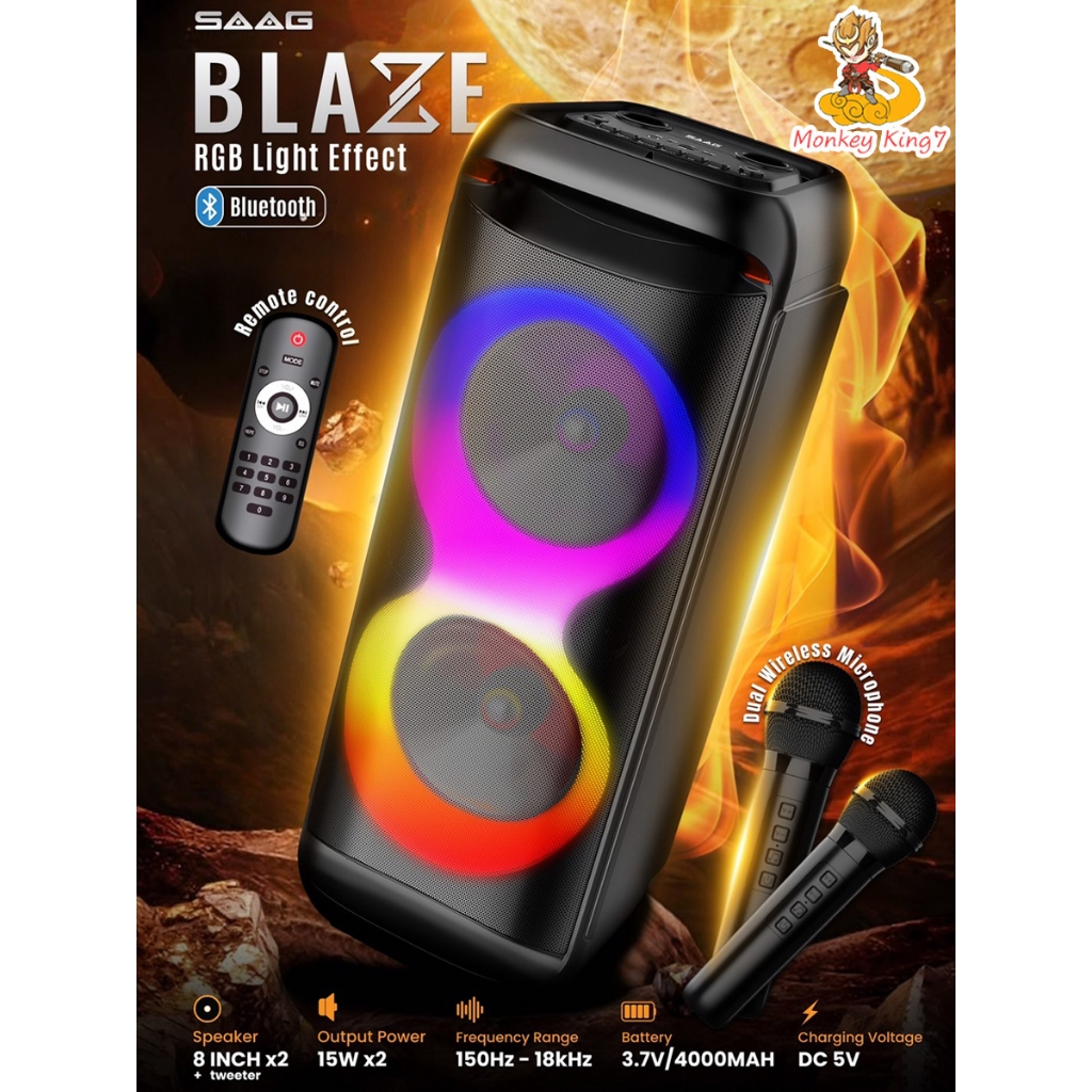 ลำโพงบลูทูธ SAAG รุ่น BLAZE Speaker ลำโพงปาร์ตี้ไร้สาย พร้อมไมค์ลอยคู่ มีไฟ LED By Monkeyking7