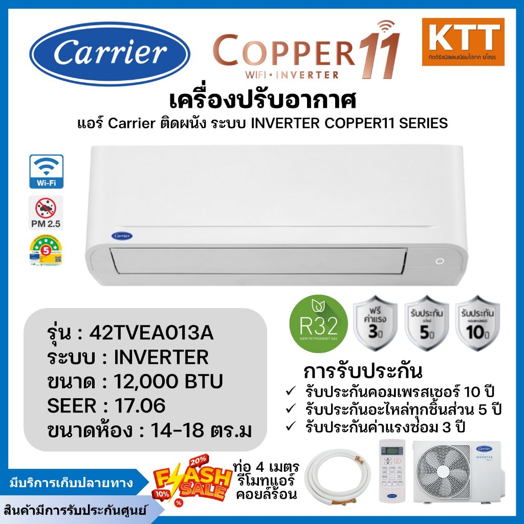 Carrier แอร์ติดผนัง Wi-Fi Inverter 12,000 BTU รุ่น 38TVEA013A/42TVEA013A