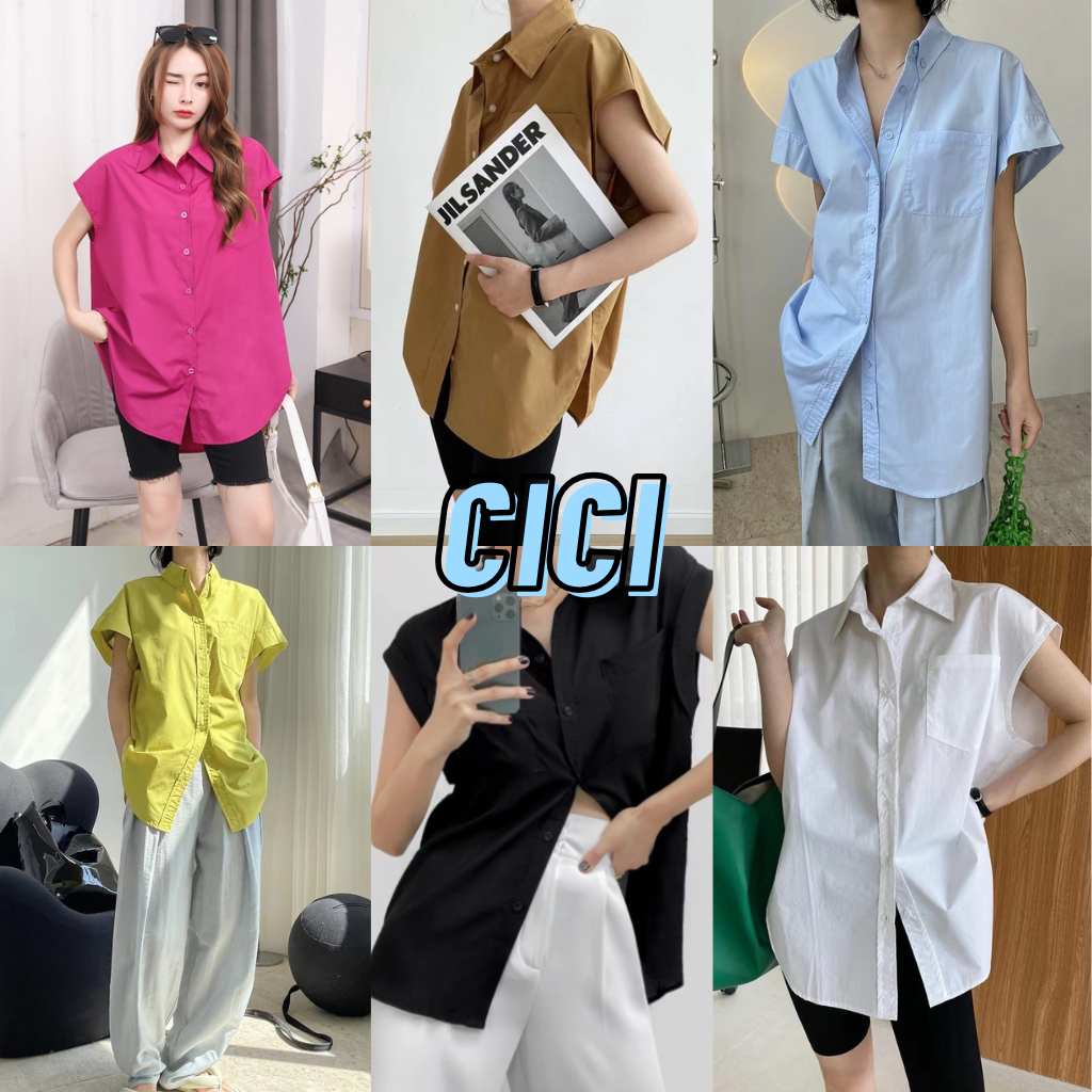 ส่งทันที Cici(NO. 1162) เสื้อเชิ้ตแขนกุด oversize คอปก มีการะเป๋าหน้าผ้าคอตตอนเนื้อดี เก๋ๆ โคเรียมากเวอร์