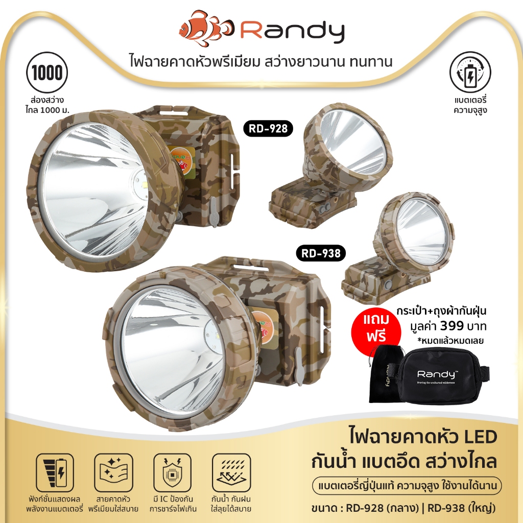 Randy ไฟฉายคาดหัว กันน้ำ ไฟฉาย แบตเตอรี่ญี่ปุ่น ไฟคาดหัว ส่องสว่างระยะไกล LED หน้าไฟ ปรับไฟได้2ระดับ ไฟส่องกบ แบตอึด