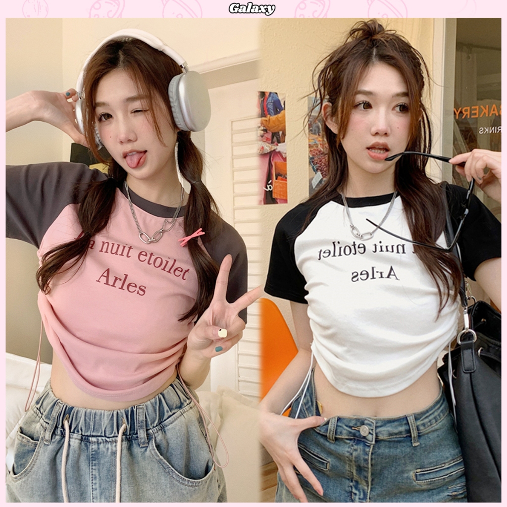 เสื้อยืดเเขนสั้น เสื้อยืดคอกลม รูปเชือกด้านข้าง ปรับความยาวได้ สาวอวบใส่ได้ เนื้อผ้านิ่มมาก #020160