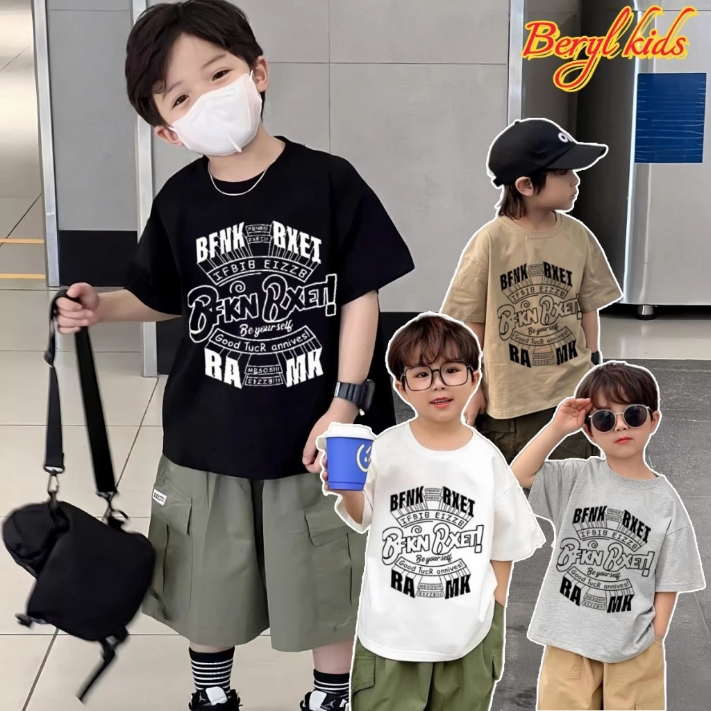 Beryl kids🌸เสื้อแขนสั้นเด็กแฟชั่น🎀เสื้อยืดคอกลม งานสกรีนหล่อๆ สไตล์เกาหลี ฤดูร้อน ลำลองใส่สบาย