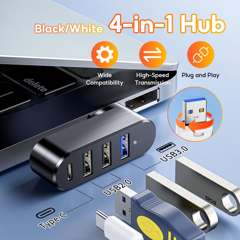 USB Hub 180° หมุนได้ 4 พอร์ต USB 3.0 2.0 Hub Type C การถ่ายโอนข้อมูลความเร็วสูง U Disk Splitter Adapter สําหรับแล็ปท็อป