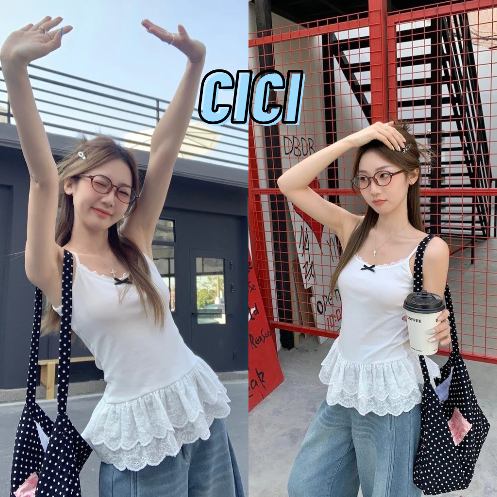 ส่งทันที Cici(NO. Q889/J2068) เสื้อสายเดี่ยวผ้ายืด สีพื้น แต่งชายระบายลูกไม้ ปักโบว์มินิมอล สำหรับซัมเมอร์นี้