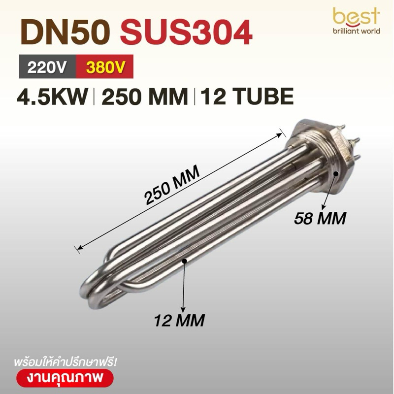 ฮีตเตอร์ต้มน้ำ/ฮีตเตอร์จุ่ม (Immersion Heater) SUS304 4.5KW 220/380V DN50 (ยาว 250mm) 12tube