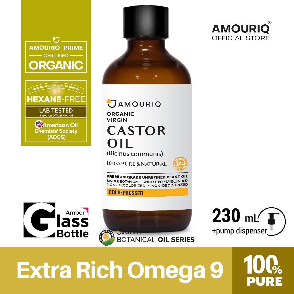 น้ำมันละหุ่ง ออร์แกนิกสกัดเย็น 100% Castor Oil Organic Virgin Cold-Pressed Hexane-Free Glass Bottle